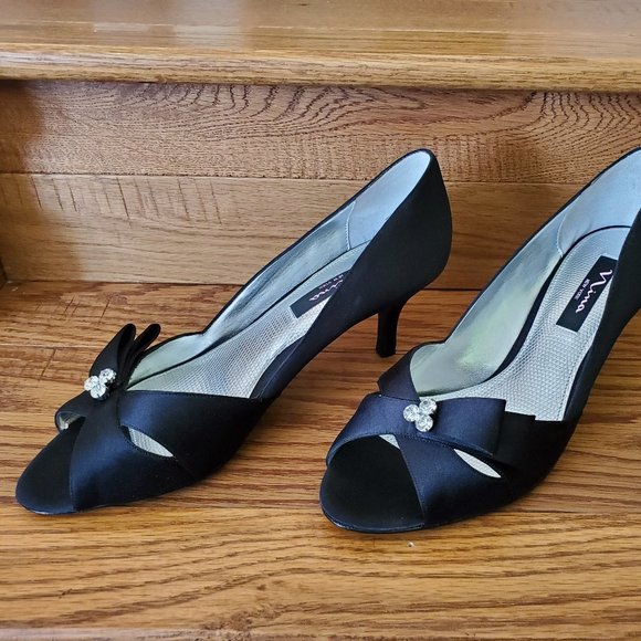 Nina Black Open Toe High Heels with Rhinestones & Bow NEW IN BOX | Formal Heels - Picture 3 of 6